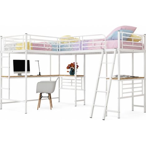 Letto a soppalco 90x200 cm con scrivania, doppia scala e sponde alte, struttura in metallo e MDF, bianco moderno salvaspazio per studio e camera - CHICFURN (1/5)