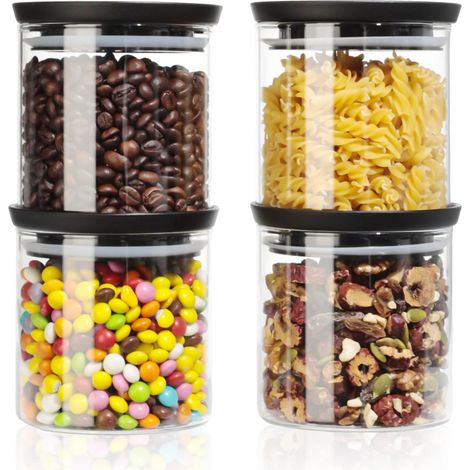 Bocaux En Verre, 4 Pots En Verre Avec Couvercle Hermétique 600ml, Transparent Empilable Verre Hermétique pour Épices Thé Noix Graines Pâtes Farine (1/5)