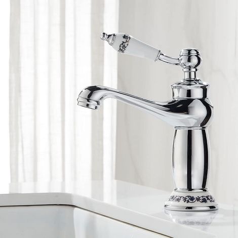 Robinet de salle de Bain Rétro, Mitigeur Victorien de Luxe avec Poignée Céramique, Robinets de Lavabo pour Salle de Bain Avec Flexibles, Mitigeur Chaud et Froid, Laiton, Chromé (1/4)