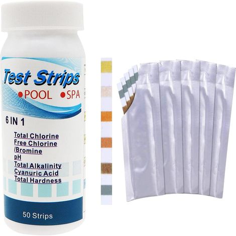 6 en 1 Testeur Chlore en Bandelette pour Piscine et Spa - 50 d'Analyse et Test l'alcalinité Totale, pH, Chlore Libre, dureté Totale, Acicyanurique et CHL Total (1/5)