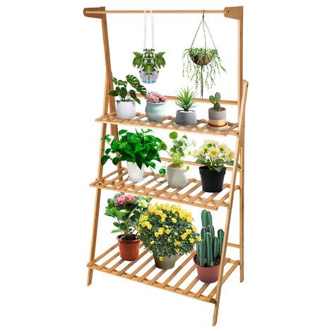 3-Stöckiger Bambus-Pflanzenständer, Zusammenklappbar, Bambus-Blumenleiter-Regal mit Hängestange, Blumenregal, Regalleiter Für Drinnen Und Draußen (1/5)