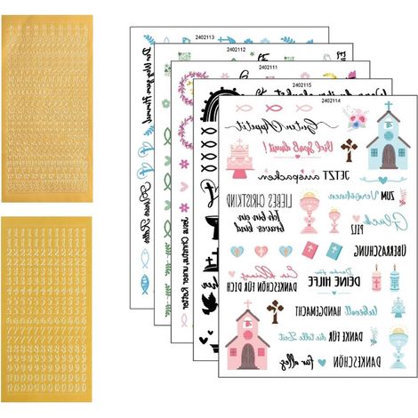 5 Feuilles Tatouages Bougie + 2 Planches Lettres Dorées – Stickers Auto‑Adhésifs Cire, Tatouages Pour Bougie De Baptême, Communion, Confirmation, Anniversaire, DIY (1/5)