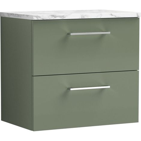 Balterley Bramshall 600mm Wall Hung 2 Drawer Vanity Unit & Laminate Worktop for Modern Bathroom Storage - Satin Green