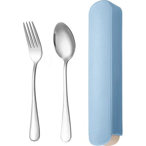 (Bleu B) Ensemble de couverts portables en acier inoxydable 410, comprenant une fourchette, un couteau, une cuillère et un couteau pliant. (1/5)