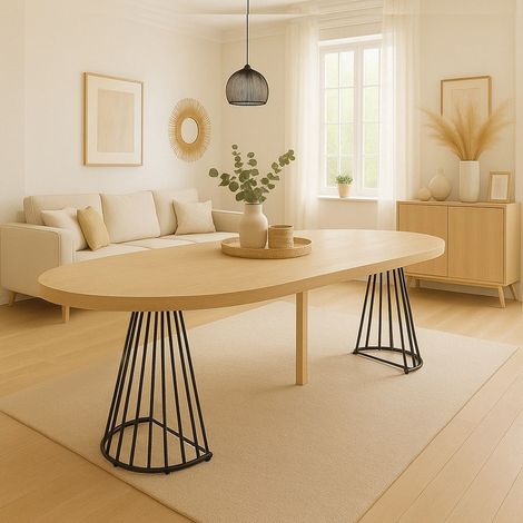 Cotecosy – Table ronde extensible 110x110cm – Chêne clair – Pied central noir – 3 rallonges pour 10 personnes
