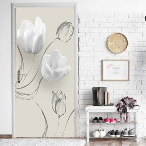 Murale 3D per porta "Bellissimo fiore bianco", 95 x 215 cm, poster autoadesivo in PVC, adesivo per porta in stile trompe-l'œil (1/5)
