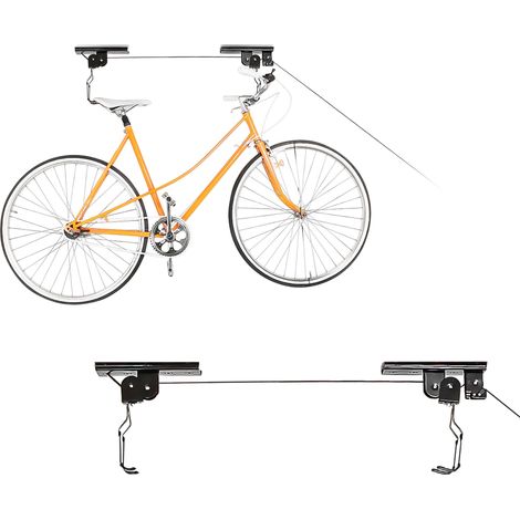 Set of 2 ceiling mount bike storage, up to 20 kg, 4 m ceiling height, with pulley, for the shed or garage, black