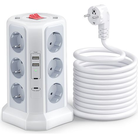 Multiprise avec Interrupteur, Tour Multiprise 12 Prises et 4 USB(2 USB-A&2 USB-C, 1.5M Câble à la Maison et au Bureau - Blanc (1/3)
