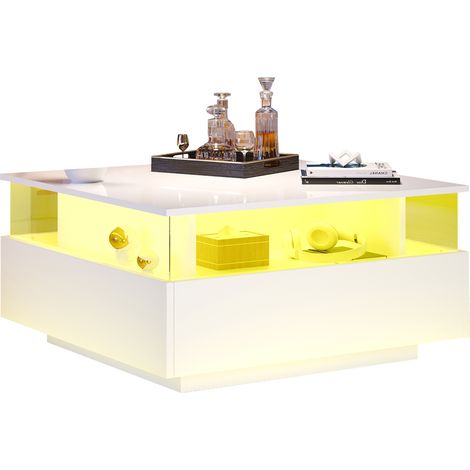Table basse LED brillante moderne 70x70x41 cm avec 2 tiroirs et espace d’exposition transparent – charge max 30 kg, idéale pour salon élégant,Blanc (1/5)