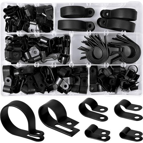 200 Pieces Nylon Plastic Clips R Clips Tube Fixing Clamps, 6 Sizes 3/16'' 1/4'' 3/8'' 1/2'' 3/4'' 11/8'' Fasteners for Conduits, Cables, Sheaths (Black) (1/5)