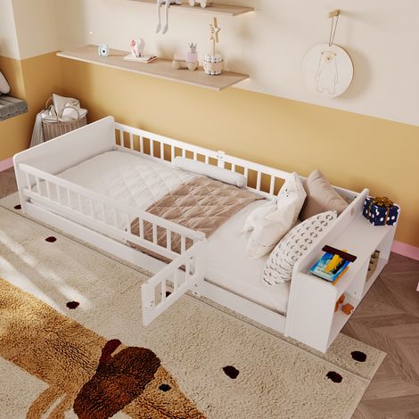 Seyakany - Lit en bois, lit enfant 90 x 200 cm - Rangement ouvert, étagères, Clôture avec portail - Bois de pin - Sans matelas - Blanc (1/5)