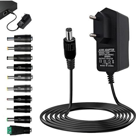 Adaptateur Secteur Universel 12V 2A 24W de 5,5 × 2,1 mm, Transformateur AC DC avec 10 Embouts DC, Alimentation Stabilisée 100-240V 50-60Hz pour Routeur Caméra Bande LED Écran LCD TV Box Console (1/5)