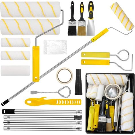 Lot de 18 rouleaux de peinture avec barre télescopique - Avec rouleaux de 23 cm et 10 cm - Bac à peinture, pinceaux et accessoires - Pour murs, plafonds et rénovation (1/5)