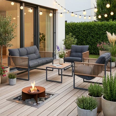Casa.Pro – Salon de jardin 4 pièces gris foncé – Effet rotin – Table basse 35x65cm – Fauteuils avec accoudoirs – Résistant aux intempéries