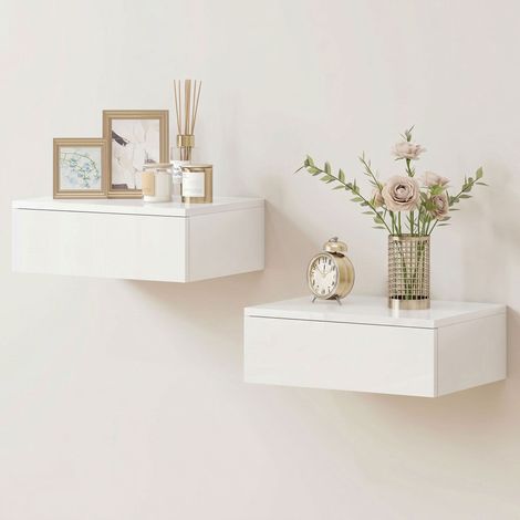 2er-Set Nachttische, wandmontiertes Design, Schublade, für Schlafzimmer, Spanplatte, Weiß (1/5)