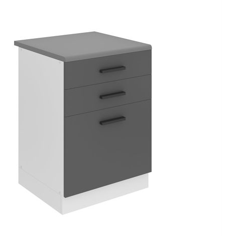 Belini Unterschrank Küche, Küchenunterschrank 60 cm Breite. SDSZ Küchenunterschrank mit Arbeitsplatte. Küchenschrank mit Schubladen, Silber matt