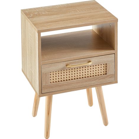 Table d’appoint en rotin avec tiroir et pieds en bois massif, table de chevet moderne, table d’appoint pour salon et chambre, aspect bois naturel-H55/B40/T30 cm