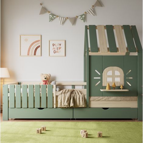Letto per bambini 90x200 cm verde e naturale in legno massello e MDF con tetto, recinzione e 2 cassetti (1/5)