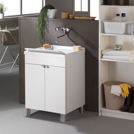 Mobile lavatoio 60x60 cm in legno Bianco a 2 ante con vasca in resina (1/2)