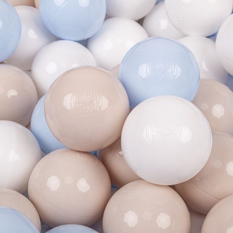 Palline di plastica KiddyMoon da 7 cm, beige pastello, azzurro pastello, bianco, set da 100 palline giocattolo (1/3)