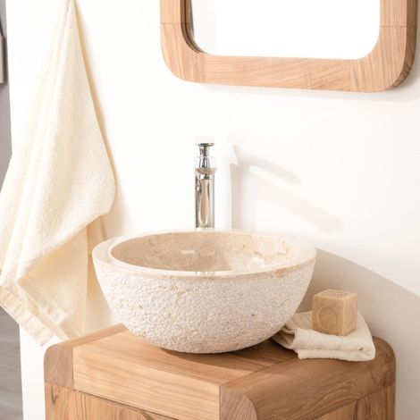 Wanda Collection – Vasque à poser en pierre naturelle Stromboli crème 35cm – Forme ronde – Résistante à l'humidité – Finition brute et intérieure polie (1/5)