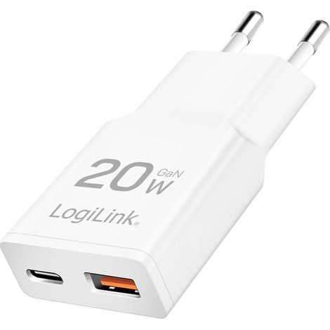 Cargador de pared LogiLink GaN de 20 W con USB-C PD + USB-A QC, color blanco, carga rápida. (1/5)