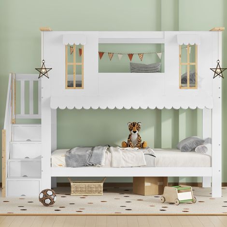 Letto a castello per bambini 90x200 cm bianco e naturale in pino e MDF con scala contenitore (1/5)