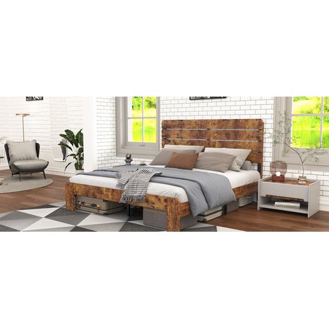 Lit double bois 140x200 cadre métal sommier lattes tête haute (1/5)