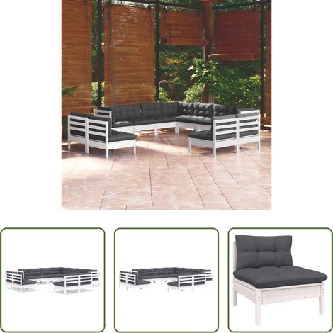 Terrassensofa - 11-tlg. Garten-Lounge-Set mit Kissen Weiß Massivholz Kiefer (1/5)
