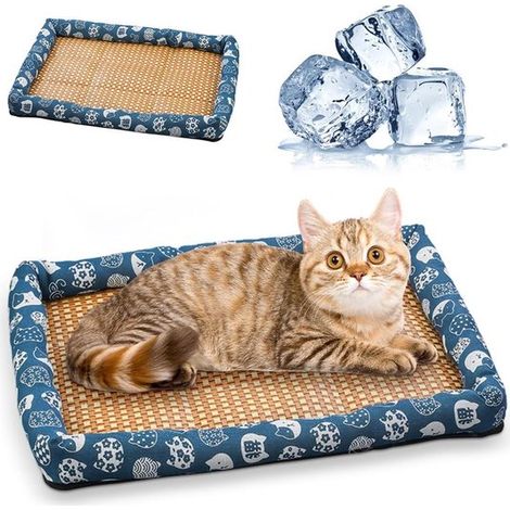 Cama refrescante de ratán con capa de hielo para gatos y perros, gatos y cachorros, Alfombrilla autoenfriadora para mascotas (5040 cm, Azul) (1/5)