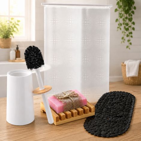 Ensemble de salle de bains compact (4 pièces) – Porte-savon en bambou, brosse de WC, tapis de bain et rideau à enrouleur (1/5)