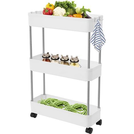 Étagère de niche 15 cm, armoire de niche à 3 étagères, chariot de niche de 15 cm de large, chariot de cuisine, chariot de cuisine, blanc avec roulettes, chariot de salle de bain, étagère de (1/5)