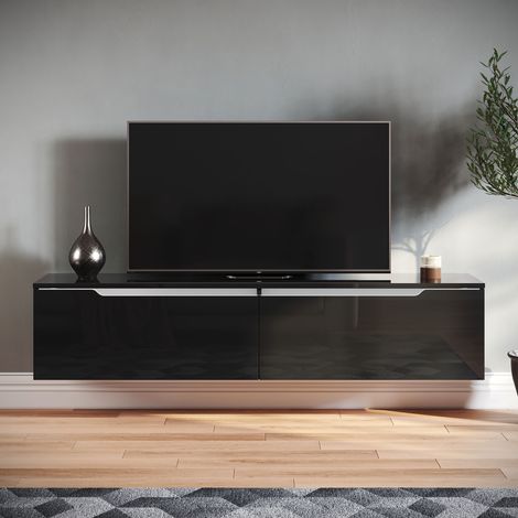 SONNI TV Board Möbel Hängend TV Schrank Board mit 2 Klapptüren Schwarz Hochglanz 140x35x30cm mit Einstellbar LED Beleuchtung (1/5)