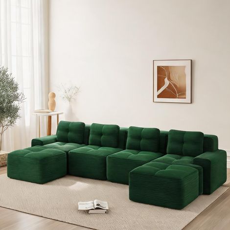Sofa modulaire 4 places en U vert en corduroy 382 x 177 x 69 cm (1/5)