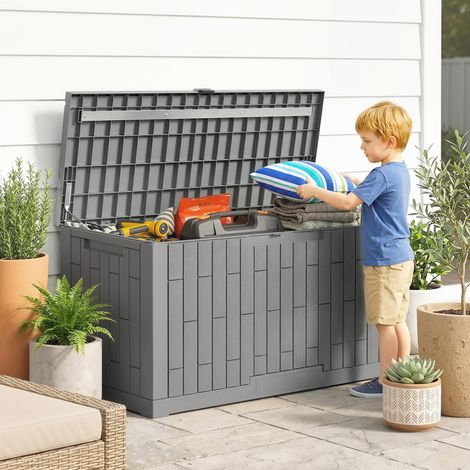 Contenitore da esterno con chiusura a chiave, molla a gas, effetto legno, 379 litri, 122,5x56x62 cm, grigio.