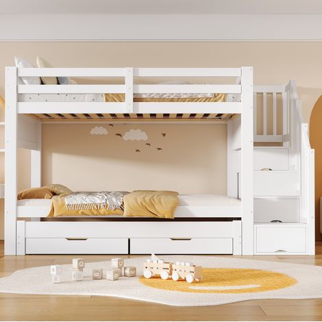 Litera infantil 90x200 cm blanca de MDF y pino con cama nido y almacenaje integrado - CHICFURN (1/5)