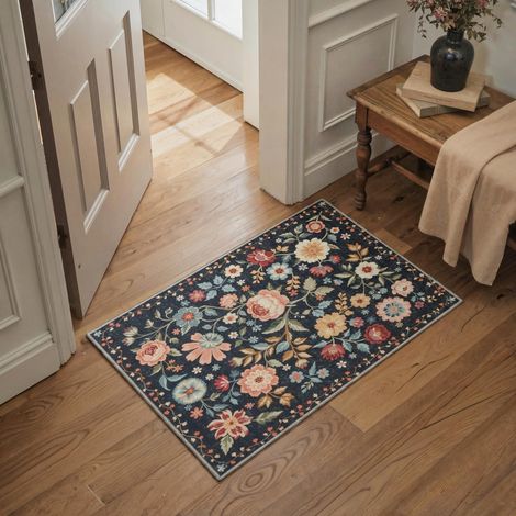 Tapis Entree Interieur Vintage 60x90cm Lavable en Machine AntidéRapant Poil Ras, pour Chambre Salle a Manger Descente de Lit Bureau, Cuisine,Jardin d'Été Bleu Marine (1/5)