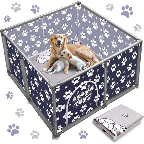 Parc Carré pour Animaux en Acier Inoxydable et Toile Oxford avec Tapis Imperméable Enclos pour Grand Chien Chats Petits Animaux Bleu Sombre (1/5)