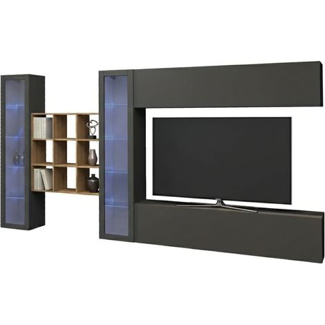 Dmora - Parete attrezzata Avella, Set salotto porta TV a 4 ante, Mobile soggiorno multiuso con vetrina e luce LED, 100% Made in Italy, cm 350x30h180, Antracite (1/5)