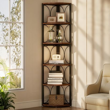 Rustikales 6-stöckiges Eckregal, 170 cm hoch, Eckregal zur Aufbewahrung von Büchern für Wohnzimmer, Küche, Homeoffice