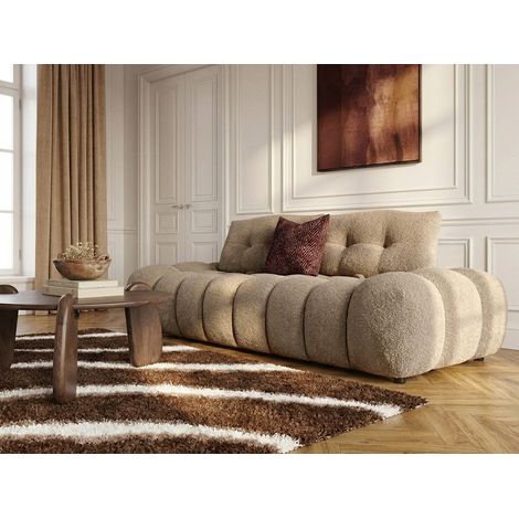 Bobochic – Canapé droit 2 places en tissu bouclette taupe – Dossier avance recule – Structure bois massif – Garnissage mousse HR – Longueur 200cm (1/5)