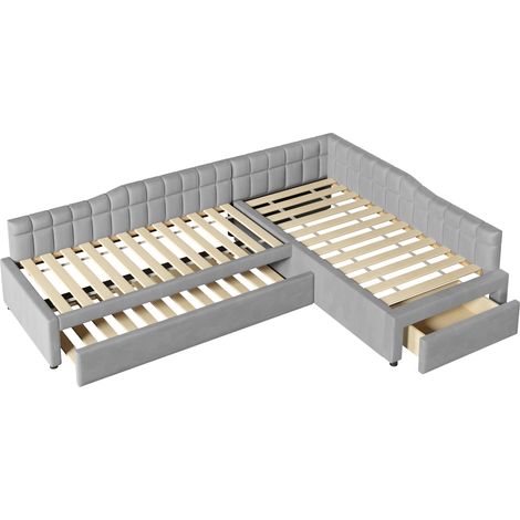 Letto imbottito angolare L 90x200 grigio con letto estraibile e cassetti MODENUIT (1/5)