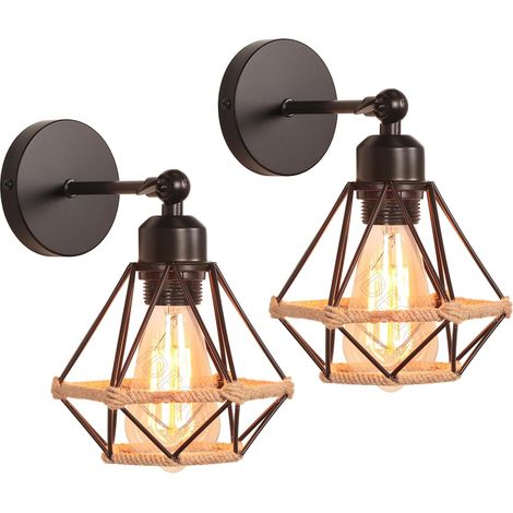 Set of 2 Industrial Interior Wall Lights 16 cm Ceiling Light E27 Metal Cage Design Black Adjustable Vintage Wall Lamp for Living Room Kitchen Bedroom (Hemp Rope, 2 Pieces) (1/5)