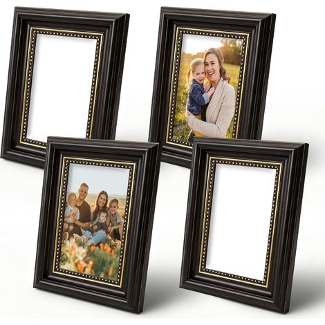 Lot de 4 cadres photo vintage : 10 x 15 cm - Cadre photo rétro à suspendre et à poser - Cadre photo vintage - Pour salon, chambre à coucher, bureau, décoration murale (noir) (1/5)