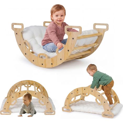 COSTWAY Arco da Arrampicata Bambini, Giocattolo da Arrampicata Versatile in Legno Massello, Cuscino Morbido, Altalena ad Arco Educativa con 10 Maniglie per Bambini 3+ Anni (Naturale) (1/5)