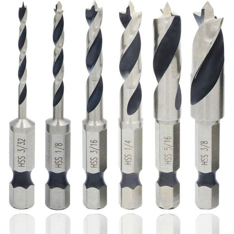 6Pcs Forets à Bois Hélicoïdaux de 1/4" Tige Hex Professional, Mèche Bois Rotative à Queue Hexagonal Impérial, Foret Fraise à Torsion HSS Spiral Trou Cutter pour Perçage de Bois Métal Plastique (1/5)