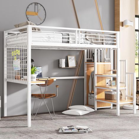 Lit en fer, lit superposé, lit mezzanine, idéal pour enfants et adolescents, avec table et armoire, échelle latérale avec rampe, fer et panneaux de particules, blanc et naturel, 90 x 200 cm