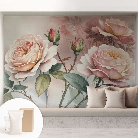 Tapete Dekorative Vliestapete mit Klebe für Wand - Mustertapete - moderne Einrichtung - für Büro Pastellfarbene Rosen 208x146 cm (1/5)