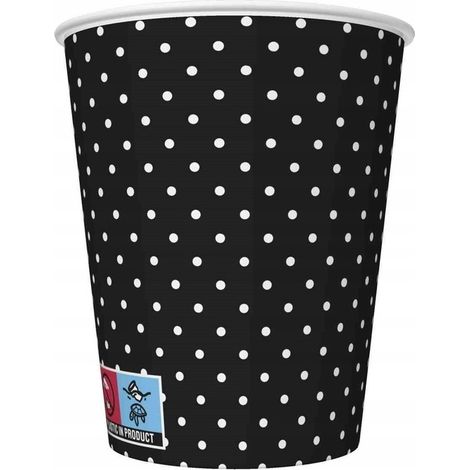 Bicchieri di carta a pois bianchi e neri, 250 ml, 8 pezzi.