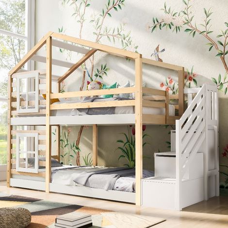 Kinderbett Baumhausbett 90x200 cm mit Stauraum und Treppe, Etagenbett aus Massivholz mit Schubladen und Rausfallschutz, Natur & Weiß (1/5)